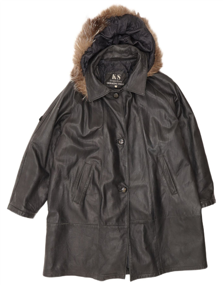 Casaco feminino de couro grande com capuz Kiros IT 48 XL preto