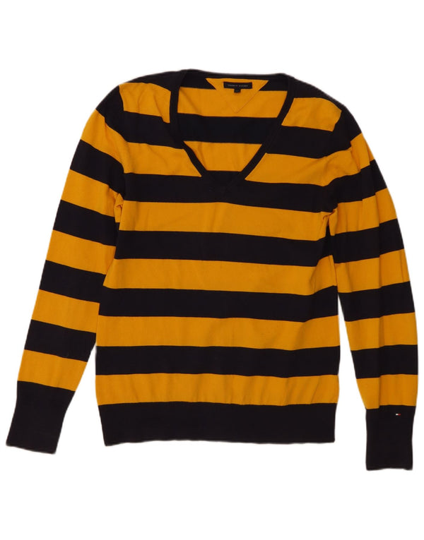Suéter feminino Tommy Hilfiger com decote em V UK 14 listrado amarelo grande