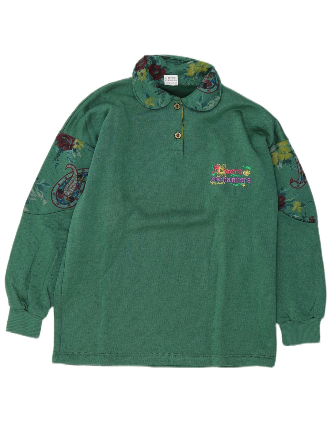 Suéter feminino VINTAGE com gola polo Reino Unido 14 Paisley verde médio
