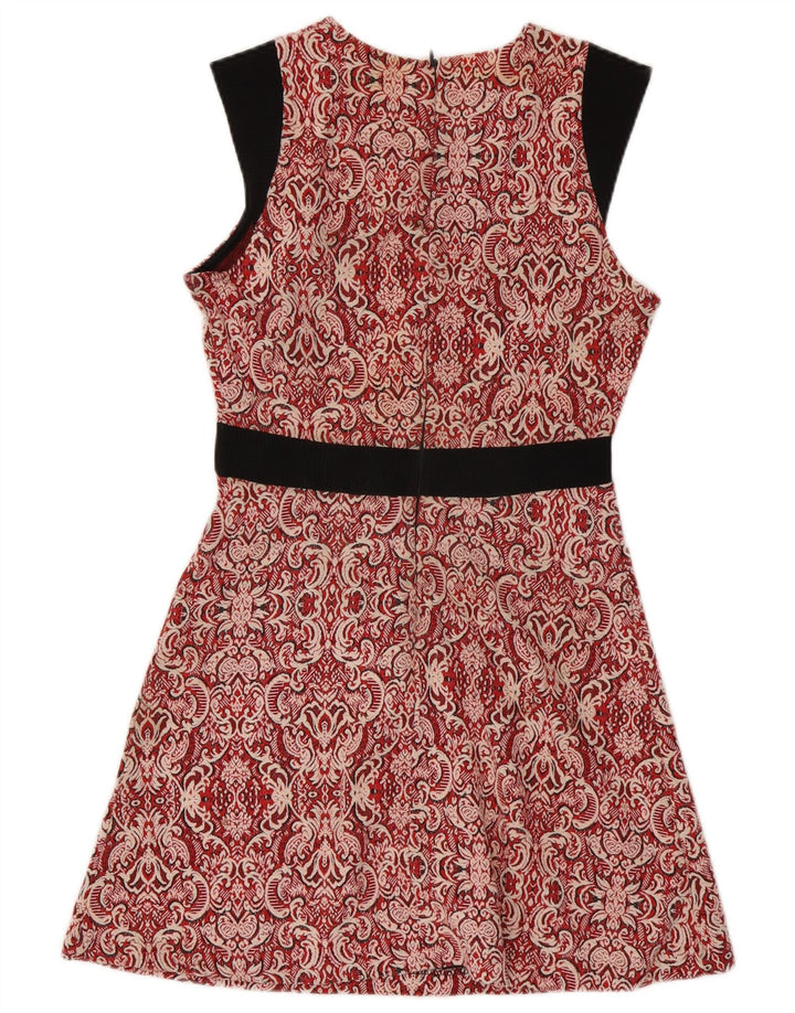 Vestido feminino Zara sem mangas evasê UK 10 pequeno poliéster vermelho paisley