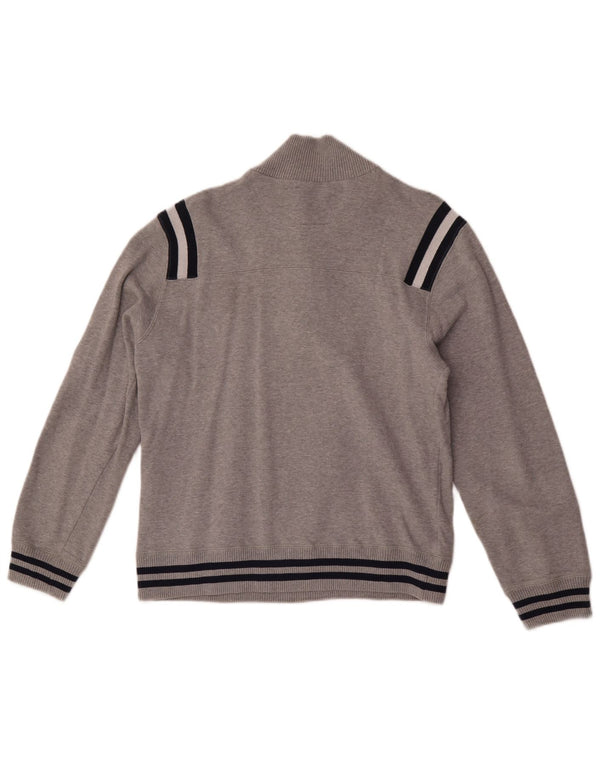 Suéter feminino Champion com gola e zíper UK 12 bloco colorido cinza médio