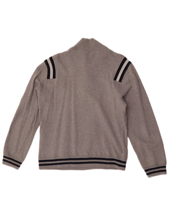 Suéter feminino Champion com gola e zíper UK 12 bloco colorido cinza médio