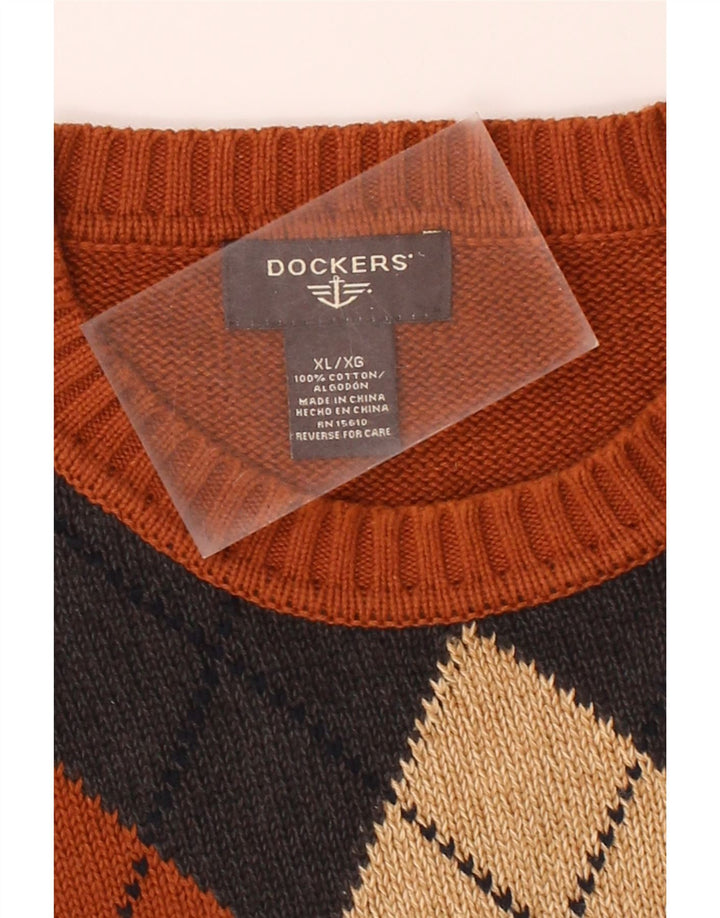 DOCKERS Mens Crew Neck Jumper Sweater XL Brown Argyle/Diamond Cotton Vintage Dockers and Second-Hand Dockers from Messina Hembry 
