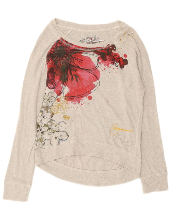 Desigual moletom gráfico feminino jumper UK 14 algodão floral cinza médio
