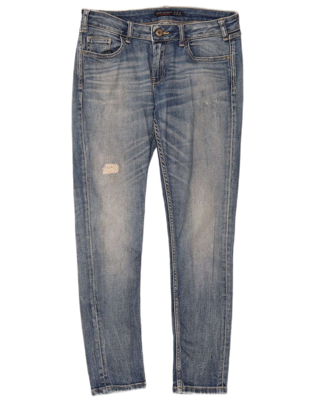 Zara Jeans skinny feminino desgastado UE 38 pequeno W28 L28 azul
