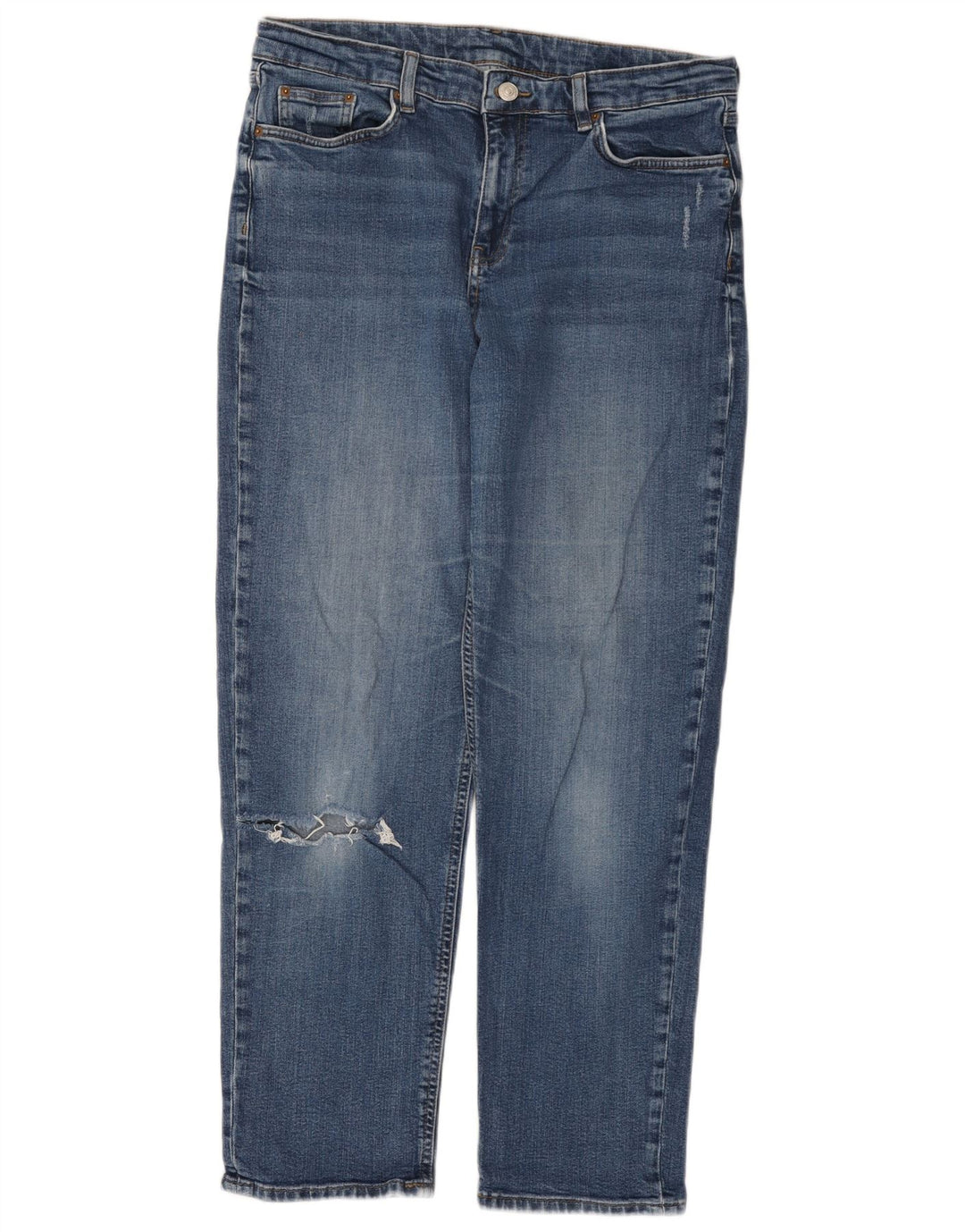 Calça jeans reta feminina Marks & Spencer desgastada Reino Unido 14 grande W34 L30 azul