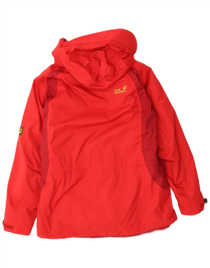Jaqueta corta-vento feminina com capuz Jack Wolfskin Reino Unido 12 bloco colorido vermelho médio