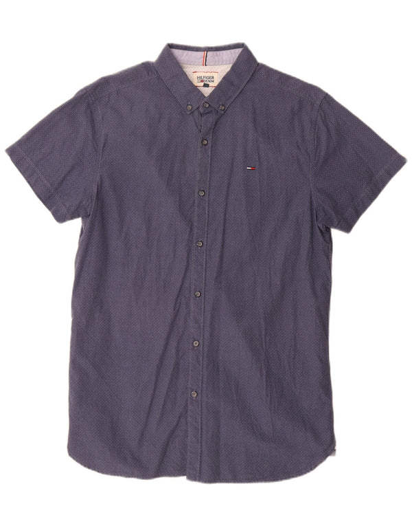 Camisa masculina de manga curta Tommy Hilfiger grande azul manchada