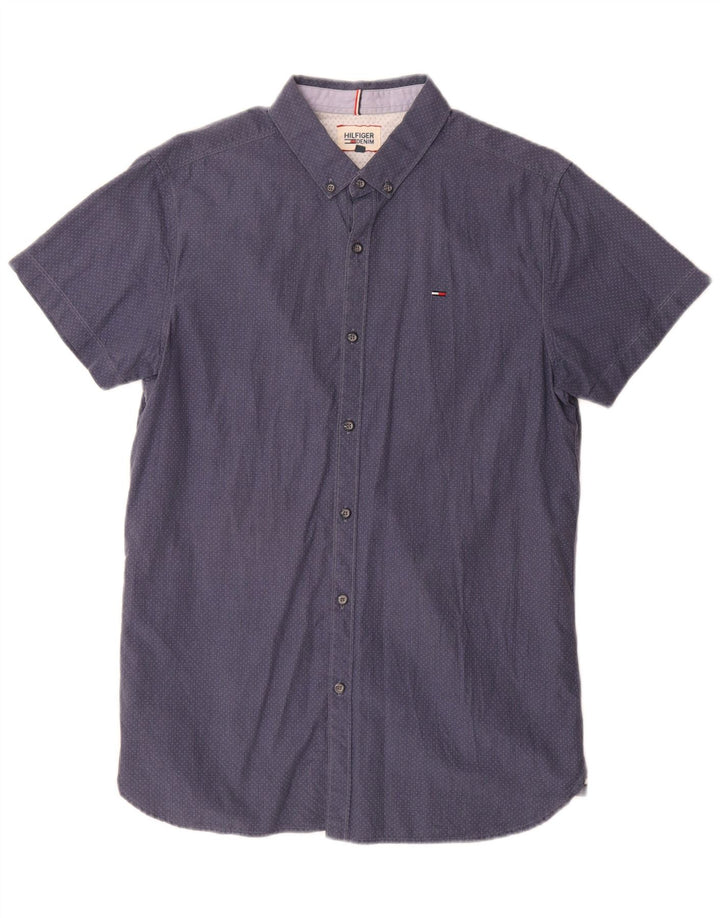 Camisa masculina de manga curta Tommy Hilfiger grande azul manchada