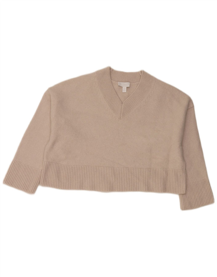 Suéter feminino branco com decote em V, UK 16, lã cinza grande