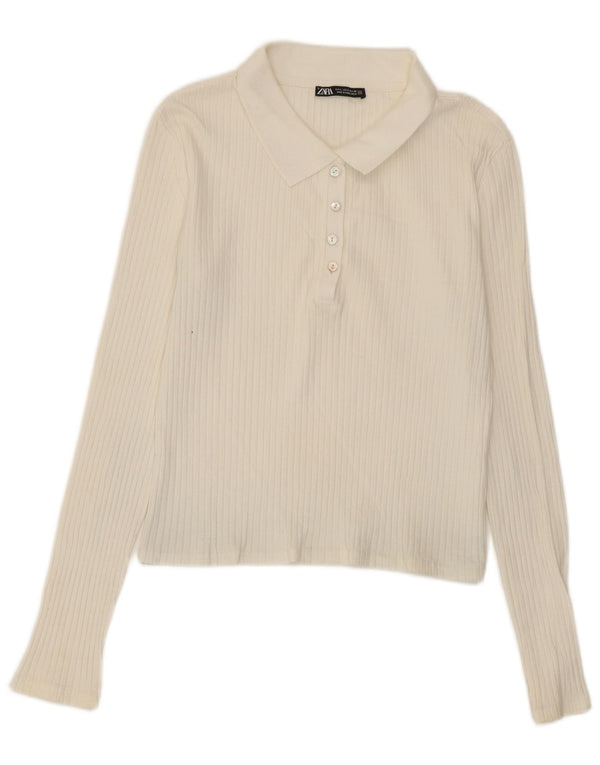 Camisa polo feminina Zara Crop manga comprida Reino Unido 14 grande branco