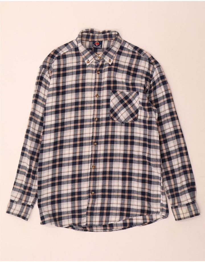 Camisa masculina vintage de flanela grande algodão xadrez azul marinho
