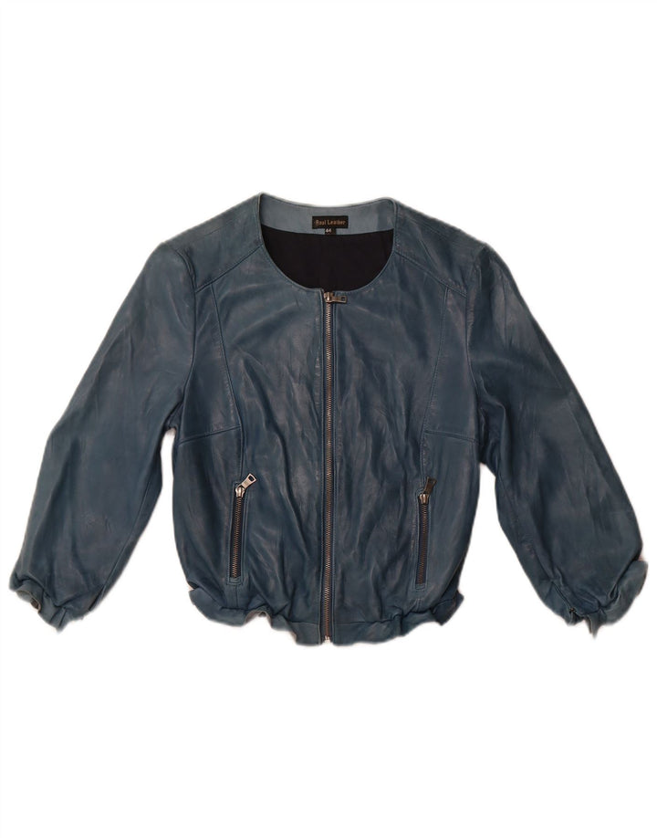 Jaqueta feminina de couro vintage manga 3/4 IT 44 couro azul médio