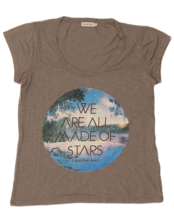 Camiseta feminina CALVIN KLEIN JEANS com estampa gráfica UK 12 cinza médio manchado