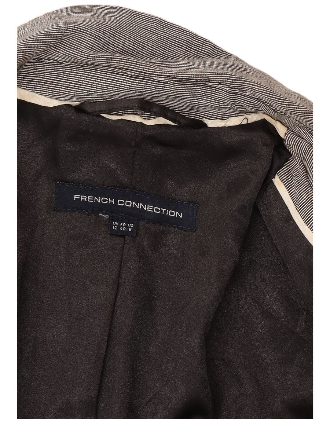 Jaqueta blazer feminina de 2 botões da French Connection Reino Unido 12 risca de giz cinza médio