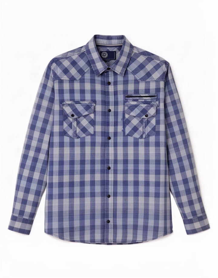 Camisa gráfica masculina vintage XL azul algodão guingão