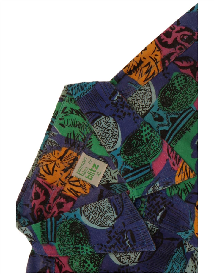 Vintage masculino abstrato Padrão manga curta Camisa XL algodão azul