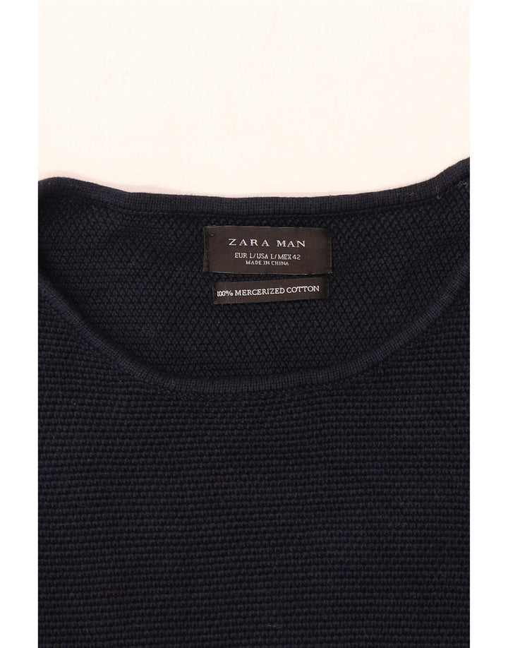 Zara Suéter masculino com gola redonda grande algodão azul marinho