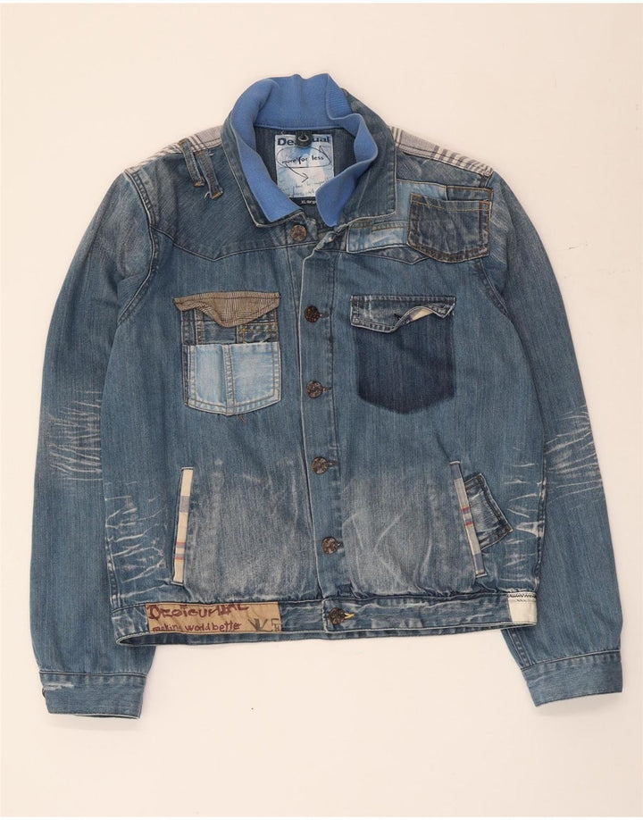 Desigual Jaqueta jeans masculina gráfica UK 42 XL azul patchwork algodão