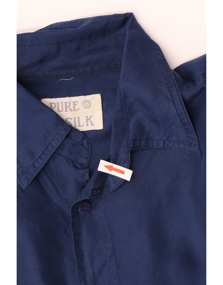 Camisa masculina vintage de manga curta média azul marinho seda