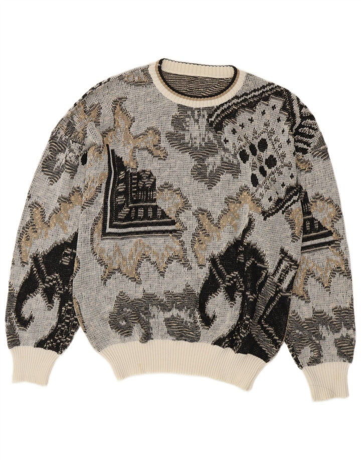 Suéter vintage masculino com gola redonda e algodão geométrico cinza médio