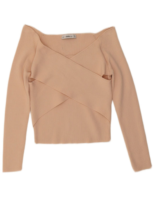 Zara Womens Crop Manga Longa Fora Do Ombro Top UK 14 Grande Viscose Rosa