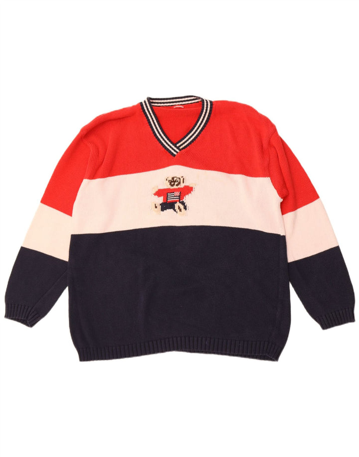 Suéter vintage masculino com decote em V, grande bloco colorido multicolorido