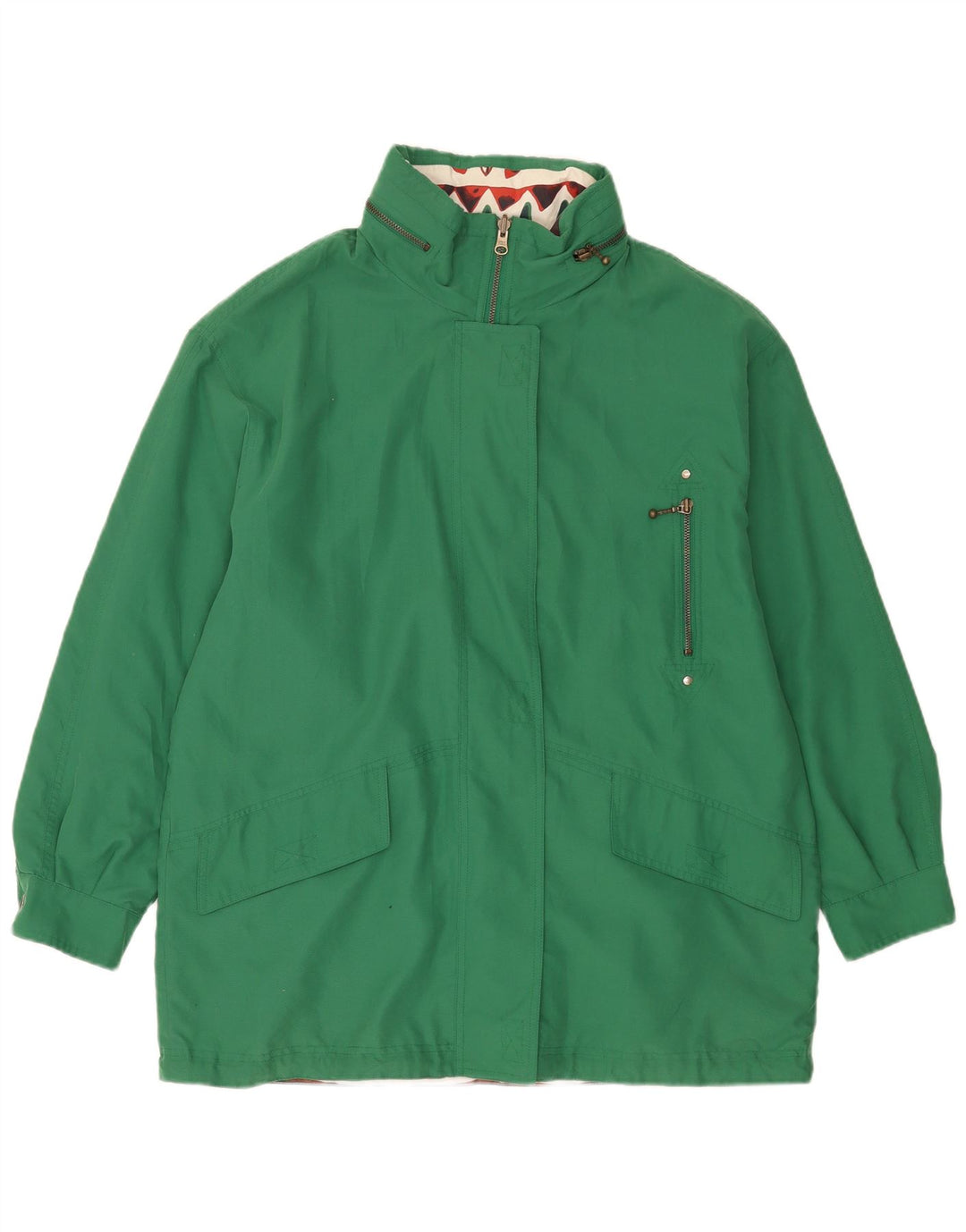 Jaqueta reversível com capuz feminino vintage Reino Unido 16 grande verde geométrico