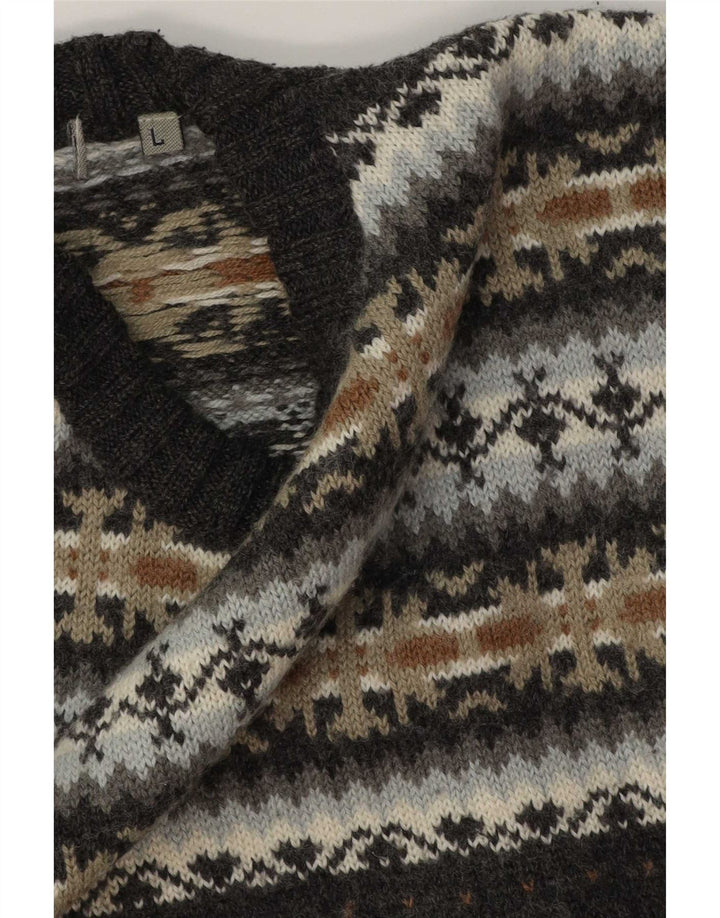 Lerros Suéter masculino com gola redonda grande cinza Fair Isle