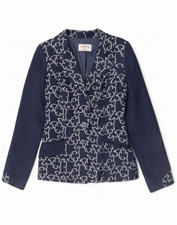Jaqueta blazer feminina Ungaro com 2 botões Reino Unido 8 pequena azul marinho floral