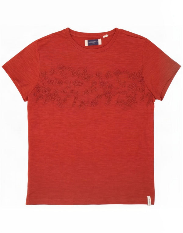 Superdry Camiseta feminina gráfica Top UK 12 Algodão floral vermelho médio