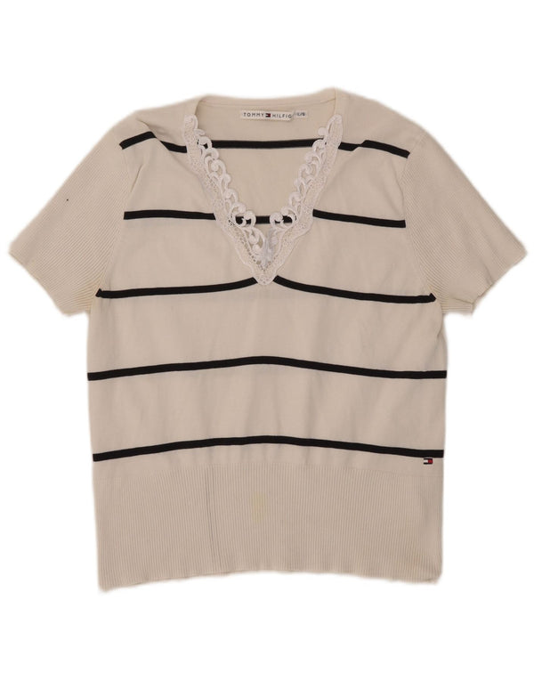 Camiseta feminina Tommy Hilfiger UK 14 grande algodão listrado branco
