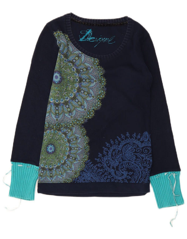 Top gráfico feminino Desigual manga comprida Reino Unido 10 pequeno algodão floral azul marinho