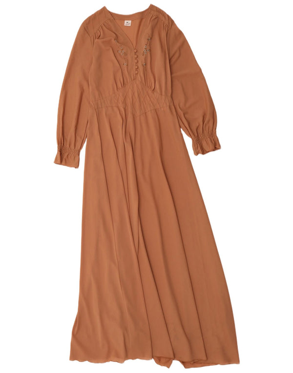 Vestido maxi feminino vintage UK 12 marrom médio
