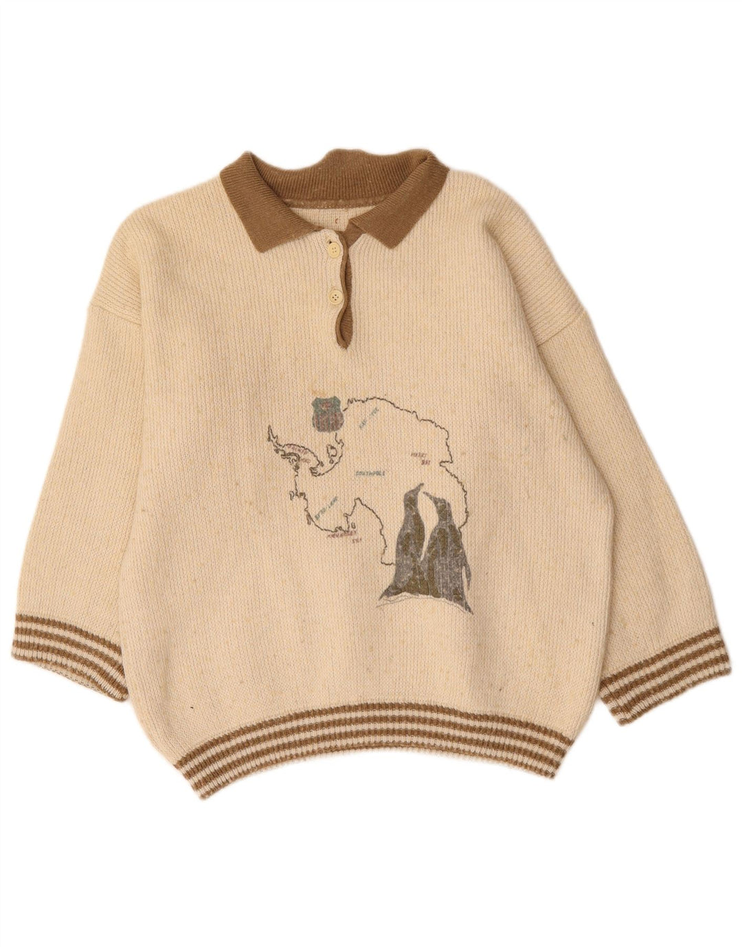 Suéter feminino VINTAGE com gola polo gráfica UK 16 grande off white