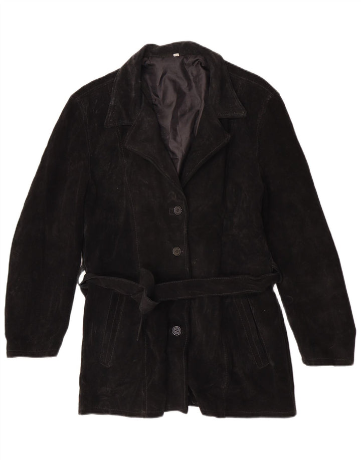 Jaqueta de couro de camurça vintage feminina com 4 botões Reino Unido 6 XS couro preto
