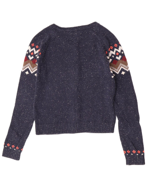 Suéter cardigã feminino Fat Face Reino Unido 8 pequeno azul marinho Fair Isle algodão