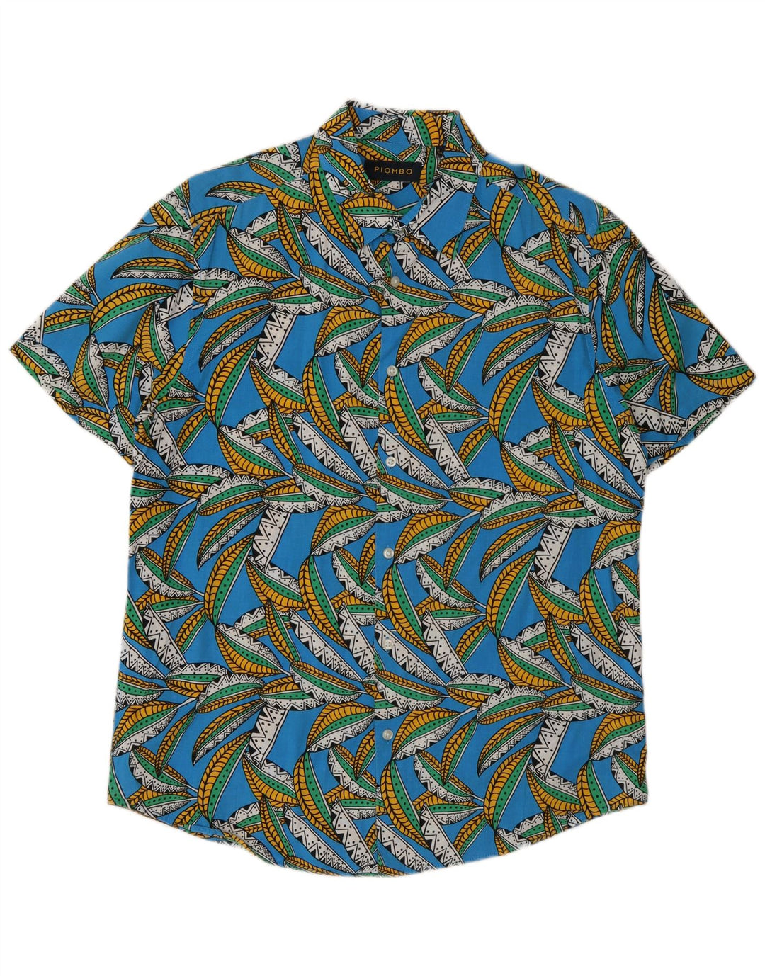 Piombo Camisa Masculina Manga Curta Azul Médio Algodão Floral
