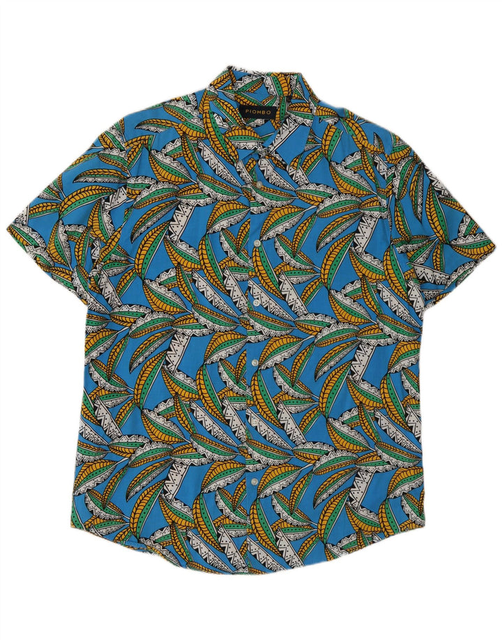 Piombo Camisa Masculina Manga Curta Azul Médio Algodão Floral