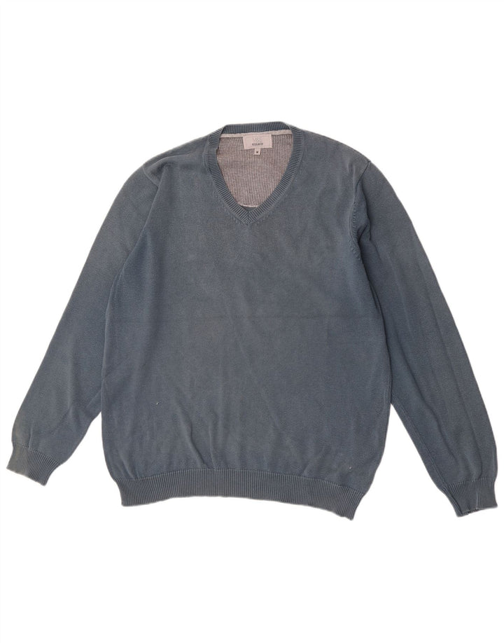 Suéter masculino Marks & Spencer com ajuste regular e decote em V de algodão azul médio