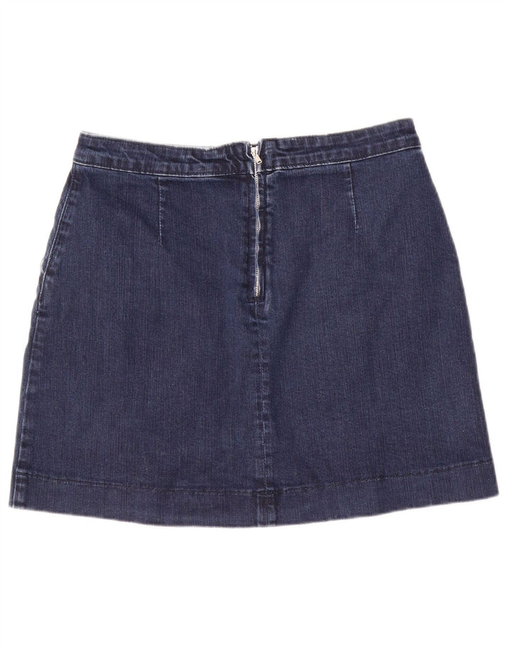Saia jeans feminina Oasis Reino Unido 12 médio W28 algodão azul marinho