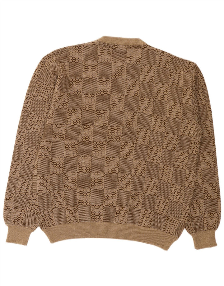 Suéter vintage masculino com gola redonda, lã geométrica bege grande