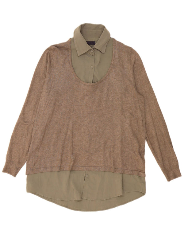 Camisa feminina Marks & Spencer Reino Unido 14 grande viscose cáqui