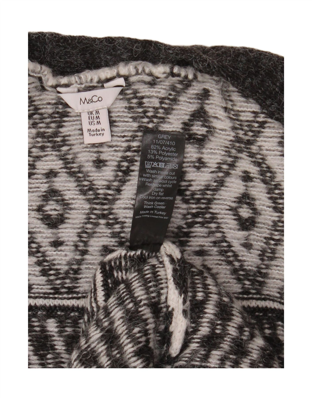 Suéter cardigã aberto feminino M&CO Reino Unido 14 cinza médio Argyle/acrílico diamante