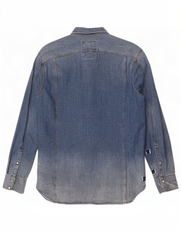 Camisa jeans masculina G-Star desgastada grande algodão azul