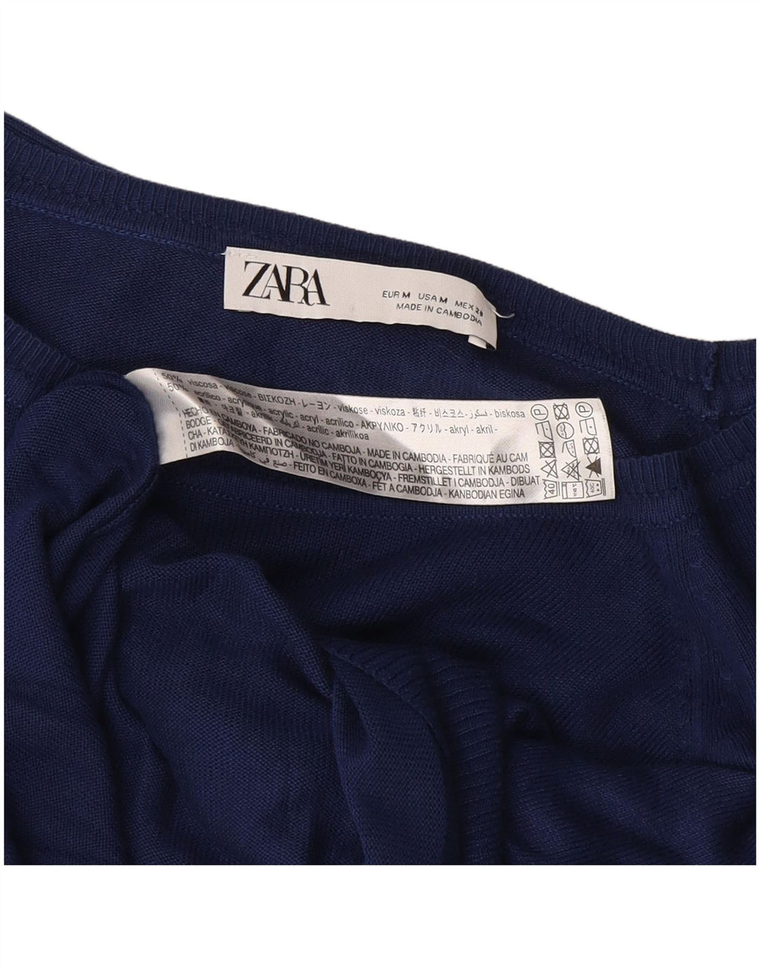 Suéter feminino Zara com gola canoa Reino Unido 14 viscose azul marinho médio