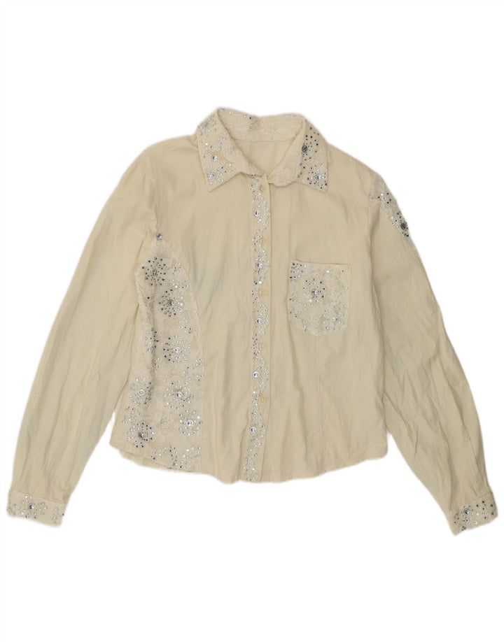 Blusa feminina vintage UK 12 médio off white floral