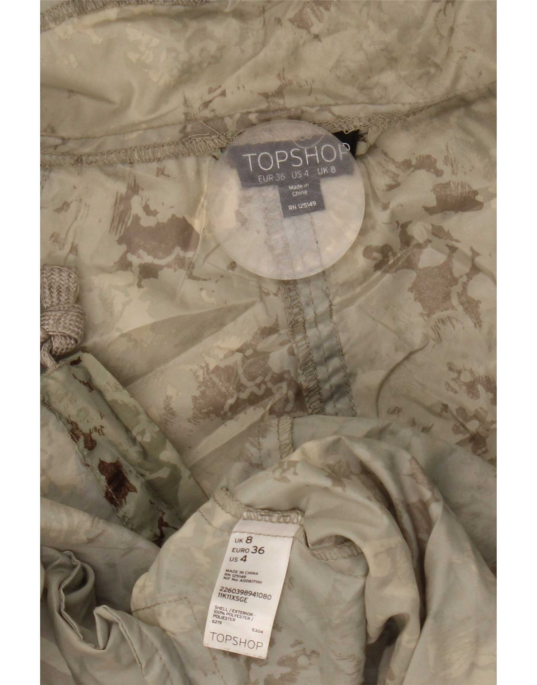 Jaqueta Parka com capuz feminina Topshop Reino Unido 8 poliéster camuflado verde pequeno