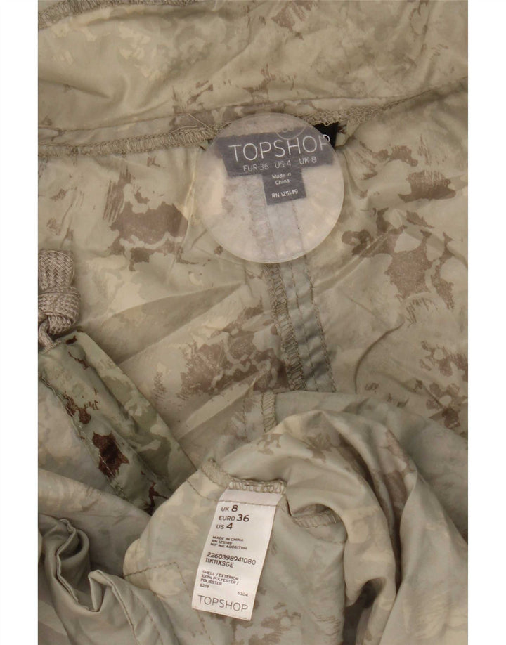 Jaqueta Parka com capuz feminina Topshop Reino Unido 8 poliéster camuflado verde pequeno