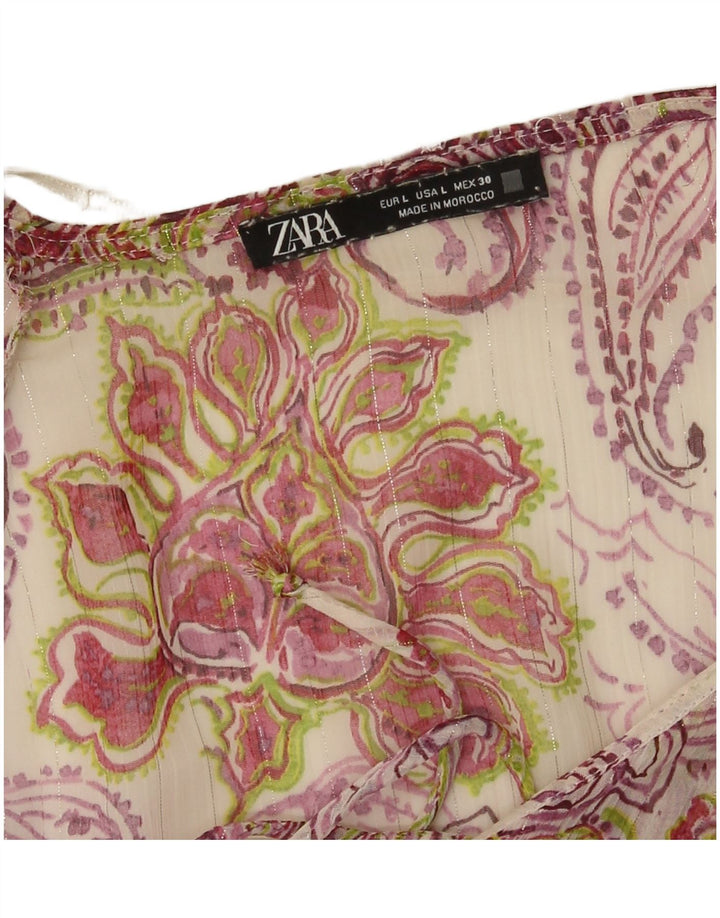 Blusa feminina Zara com babados frontais UK 14 grande floral multicolorido